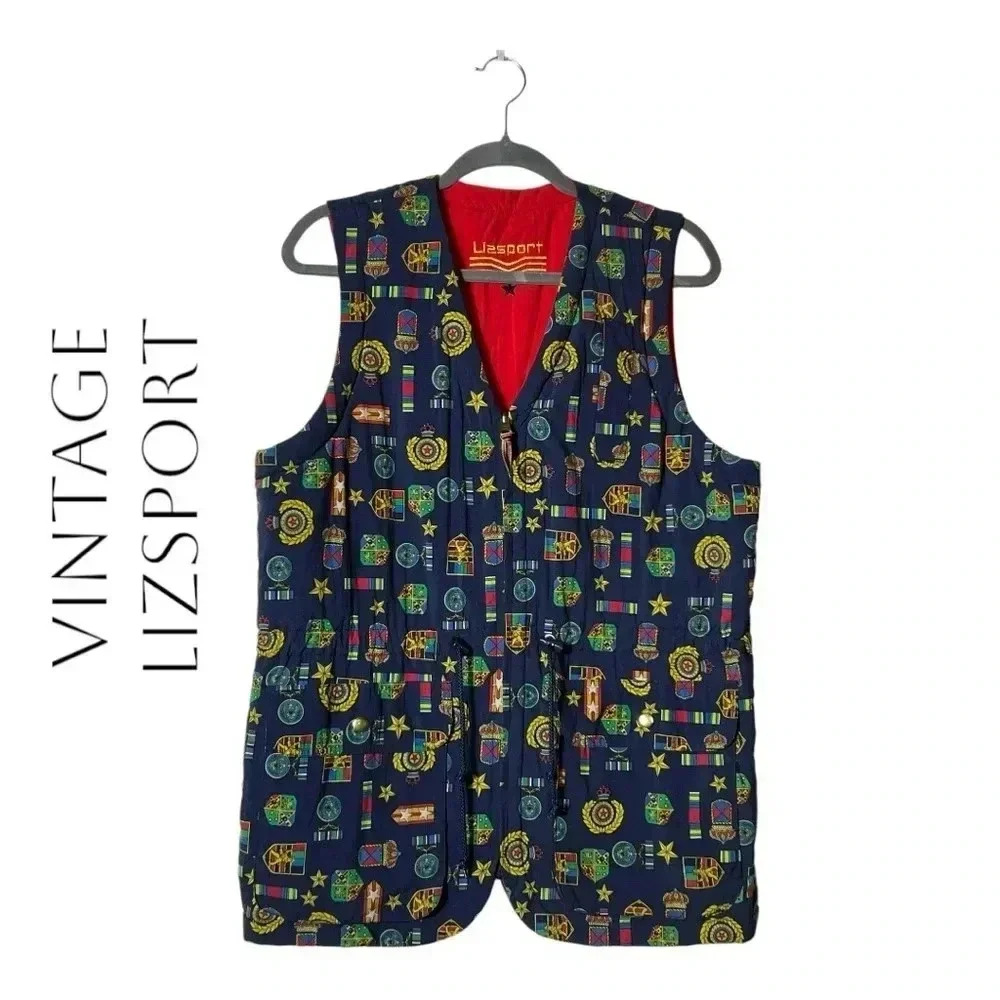 2013. VINTAGE LIZSPORT SLEEVELESS REVERSIBLE VEST UNIQUE PATTERN BUTTON POCKETS‎